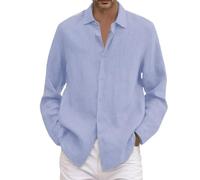 YOUYING Camicie da uomo in cotone e lino, a maniche lunghe, con bottoni, casual, vestibilità comoda, leggere, estive, da spiaggia, taglie forti, A# Azzurro, XL