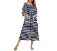 YOUYOUGU Vestaglia lunga da donna, vestaglia da donna, con cerniera, a maniche lunghe, morbida, a kimono, camicia da notte a righe sottili, accappatoio pigiama (multicolore/S-2XL), Marina Militare, XL