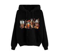 Yowablo Felpa con Cappuccio in Tinta Unita Stampa di Halloween a Maniche Lunghe da Donna, Girocollo, alla Moda Natale Rossa (Black-4, S)