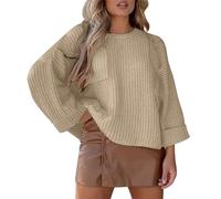 Yowablo Maglione largo con maniche a pipistrello e collo rotondo per donna, maglione alla moda, autunno e inverno donna abito cappotti, beige, XL