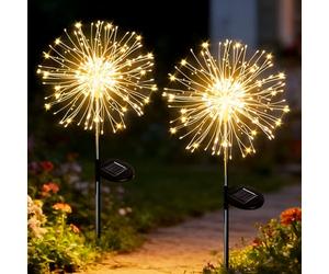 yowin Luci Solari per Giardino 2 Pezzi 120 LED Lucine da Esterno Energia Solare Fuochi D'artificio IP65 Impermeabile 8 Modalità Decorative Lampade per Vialetto Prato Aiuola Feste - Bianco Caldo