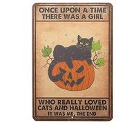 YoyaVex Targa in metallo vintage con scritta "Once Upon A Time There was A Girl Who Really Loved Cats and Halloween", 30,5 x 20,3 cm, per casa, cucina, Barth Garden