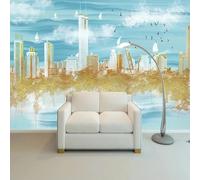 YOZYOOOZ Carta da parati murale 3D autoadesiva in PVC impermeabile con vista sulla città in oro, edificio e uccelli, adatta per la decorazione della camera da letto e del soggiorno.