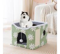 YPDOPORA Cuccia per Gatti da Interno, Cuccia per Gatti Piccola con Fodera Rimovibile, Cuccia Pieghevole per Gatti con Soffice Pallina Appesa, Tiragraffi E Fondo Antiscivolo per Uso Interno,Verde