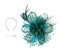 Yphzmtz Fascinator Cappello da donna in rete con fiore a forma di piuma, con fascia e clip, elegante cappello da donna, Verde pavone, Taglia unica