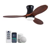 YPMS Ventilatore da soffitto a basso profilo da 42 pollici con luce, voce e applicazione e telecomando, ventilatori da soffitto a montaggio a incasso nero, 3 lame in legno di noce, reversibile, 3CCT