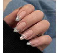 YPREWY 24 unghie natalizie a pressione, a forma di mandorla, con punta francese, copertura completa, unghie adesive in acrilico