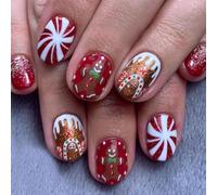 YPREWY Natale Press On Nails Gingerbreads Man Unghie finte Candy House Full Covers Stick on Nails Glittering Artificial Nails