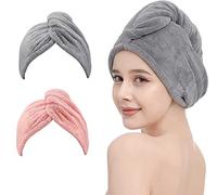 YQBFTC 2 Pcs Aciugamani in Microfibra,Asciugamano Capelli Turbante,Turbante ad Asciugatura Rapida per Capelli Bagnati,Super Assorbenti Turbante Asciugacapelli con Bottoni(Grigio e Rosa)