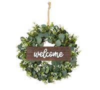 YQBFTC Ghirlanda di eucalipto artificiale, 45 cm, corona di eucalipto con cartello di benvenuto, ghirlanda per porta, primavera, estate, per esterni, decorazione moderna per tutto l'anno, decorazione