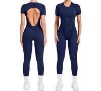 YQRYQP Tuta da donna a maniche corte, senza schienale, casual, girocollo, vestibilità aderente, basic, cuciture a vista, per uscire, yoga(black blue,M)