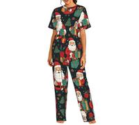 YQTGBCED Merry Christmas Print Soft Pjs Set per le donne, set loungewear con classico girocollo e vita elastica, Nero , M