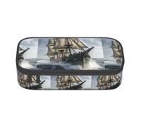 YQTGBCED Old Pirate Ship in The Sea stampa grande capacità penna caso con organizer, tessuto Oxford, scomparti multipli, Nero , Taglia unica, Astuccio per trucchi