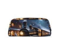 YQxwJL Astuccio per matite con stampa di treno e ferrovia di Natale invernale, grande capacità, astuccio con cerniera, astuccio in pelle resistente per ufficio, viaggi