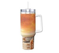 YQxwJL Bicchiere da caffè caldo/freddo con motivo spiaggia con conchiglie e tramonto, con coperchio e manico, ideale come regalo di compleanno per donne e uomini
