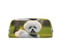 YQxwJL Bichon Astuccio per matite con stampa di cane fresco sull'erba di grande capacità, astuccio per matite con cerniera, astuccio per matite in pelle resistente per ufficio, viaggi, Argento, One