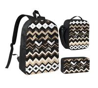 YQxwJL Set di 3 zaini con portapranzo e astuccio per il pranzo con stampa a zigzag, unisex, per viaggi, lavoro, campeggio