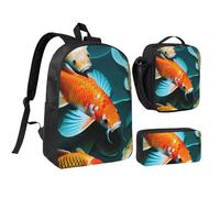 YQxwJL Set di 3 zaini con stampa di pesci koi, con portapranzo, per viaggi, lavoro, campeggio, unisex