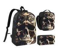 YQxwJL Set di 3 zaini con teschio e osso, con stampa di scheletro e osso, con portapranzo, per viaggi, lavoro, campeggio, unisex