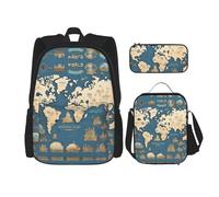 YQxwJL Zaino 3 in 1 set di borse per libri, zaini da viaggio casual, con stampa a pois neri, con astuccio, borsa per il pranzo, Mappa del mondo, One size