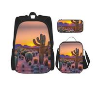 YQxwJL Zaino 3 in 1 set di borse per libri, zaini da viaggio casual con stampa di foglie rosse autunnali, con astuccio, borsa per il pranzo, Tramonti del deserto di cactus, One size