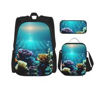 YQxwJL Zaino 3 in 1 set di borse per libri, zaini da viaggio casual, con stampa di stelle marine, con astuccio, borsa per il pranzo, Paesaggio subacqueo, One Size