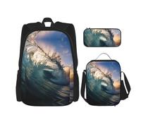 YQxwJL Zaino 3 in 1 set di borse per libri, zaini da viaggio casual, con stampa di vista sul mare sull'isola greca, con astuccio, borsa per il pranzo, Bellissime onde dell'oceano, One Size
