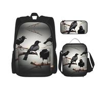 YQxwJL Zaino 3 in 1 Set di borse per libri, Zaini da viaggio casual con stampa floreale di Parigi Street Torre Eiffel, con custodia, borsa per il pranzo, Uccelli corvo nero su un ramo, One size