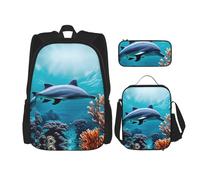 YQxwJL Zaino 3 in 1, zaino casual da viaggio con stampa girasole, nero e bianco, con custodia, borsa per il pranzo, bellissimo mondo sottomarino con delfini di corallo, unico, bellissimo mondo