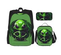 YQxwJL Zaino 3 in 1, zaino per libri, zaini da viaggio casual con stampa aliena verde, con astuccio, borsa per il pranzo, Alieno verde, One size
