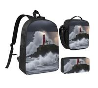 YQxwJL Zaino con stampa Faro In Storm, 3 pezzi, con portapranzo, per viaggi, lavoro, campeggio, unisex