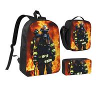 YQxwJL Zaino da 3 pezzi con stampa di pompiere e fiamme con portapranzo, set per viaggi, lavoro, campeggio, unisex