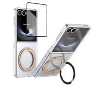 YRDUKJFDJ Porta Cellulare Filp Case for Samsung Galaxy Z Flip 7 Case with Screen Protector, 360°Rotatable Ring Kickstand, Military Grade Shockproof Translucent Protective Case, Crystal Clear(Golden)