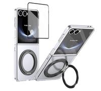 YRDUKJFDJ Porta Cellulare Filp Case for Samsung Galaxy Z Flip 7 Case with Screen Protector, 360°Rotatable Ring Kickstand, Military Grade Shockproof Translucent Protective Case, Crystal Clear(Siyah)