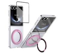 YRDUKJFDJ Porta Cellulare Filp Case for Samsung Galaxy Z Flip 7 Case with Screen Protector, 360°Rotatable Ring Kickstand, Military Grade Shockproof Translucent Protective Case, Crystal Clear(Pembe)