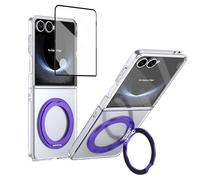 YRDUKJFDJ Porta Cellulare Filp Case for Samsung Galaxy Z Flip 7 Case with Screen Protector, 360°Rotatable Ring Kickstand, Military Grade Shockproof Translucent Protective Case, Crystal Clear(Mor)