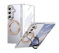YRDUKJFDJ Porta Cellulare Filp Case for Samsung Galaxy Z Fold 7 Case with Screen Protector, 360°Rotatable Ring Kickstand, Military Grade Shockproof Translucent Protective Case, Crystal Clear(Golden)