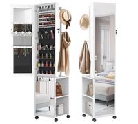 YRHome Armadietto per gioielli 5 in 1 con illuminazione, con specchio, girevole a 360°, con 4 ruote e scomparti chiudibili, organizer per gioielli con gancio + specchio mobile, colore bianco