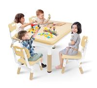 YRHome Tavolo per bambini con 4 sedie, regolabile in altezza, grigio, per bambini, in plastica, per la cameretta dei bambini e l'asilo, set di sedie a partire dai 2 anni, colore legno, 120 x 60 cm