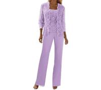 YROHGKPN Elegante abito da donna in chiffon con pantaloni in pizzo 3 pezzi con paillettes giacche per la madre di eleganti chiffon pizzo pantaloni formali set, Ipp, US 20W