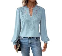 YROHGKPN Elegante camicetta da donna a maniche lunghe plissettata con scollo a V per diverse occasioni, tra cui abiti autunnali per lavoro e tempo libero, blu cielo, XL