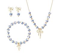 YROHGKPN Elegante set di gioielli in porcellana blu e bianca con perline a fiocco robusto resistente allo sbiadimento collana orecchini ornamento orecchini in ceramica per tutti i giorni, Misura unica