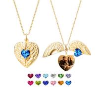 yrozvw Collana con medaglione a cuore per donna, collana di ali di angelo custode con foto, collane con ciondolo fotografico personalizzato con pietra di nascita, regalo di gioielli commemorativi