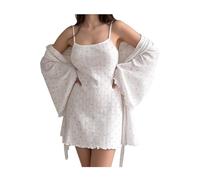 YRSHENG Camicia da Notte Donna, Abito Sottoveste e Vestaglia, Bianco con Stampa A Cuori Rosa, Set Pigiama Elegante di Due Pezzi,S（40~50kg）