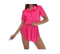 YRSHENG Set Due Pezzi da Donna Stampa A Cuori Camicia Maniche Corte con Bottoni E Shorts Pigiama da Donna Casual Estivo,A. Rose Red,S(40~50kg)