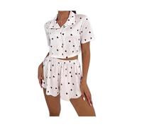 YRSHENG Set Due Pezzi da Donna Stampa A Cuori Camicia Maniche Corte con Bottoni E Shorts Pigiama da Donna Casual Estivo,Rosa,M(50~60kg)