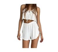 YRSHENG Set Pigiama Donna Top Senza Maniche con Allacciatura Frontale e Pantaloncini Pigiama Donna Estivo Casual,A. White,L(50~60kg)