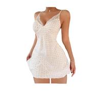 YRSHENG Sottoveste Donna con Spalline Sottili, Vestito da Casa con Scollo V E Pizzo, Sexy Corta Camicia da Notte, Camicia da Notte con Stampa,L