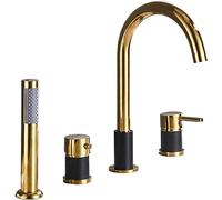 YRUIIA Vasca Bordo Vasca 4 Fori Miscelatore Doccia Caldo e Freddo Manico Singolo Rubinetto per Vasca con Doccetta Miscelatore Bordo Vasca da Bagno Rubinetteria Bagno,Nero+Oro