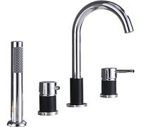 Miscelatore Bordo Vasca 4 Fori Con Doccetta - Rubinetto Doccia Caldo e Freddo Manico Singolo - Rubinetteria Bagno, Nero+Cromo